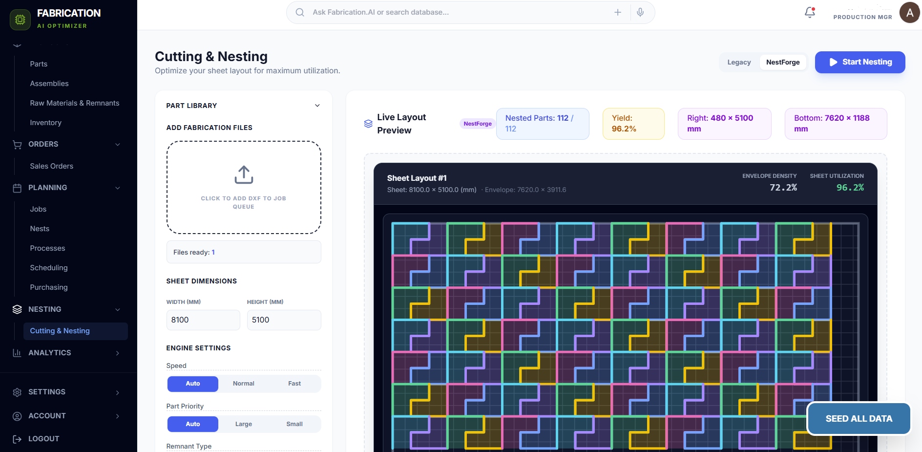 Fabricator-AI Cutting & Nesting interface showing 112 parts nested at 96.2% yield with live layout preview, sheet dimensions, and engine settings