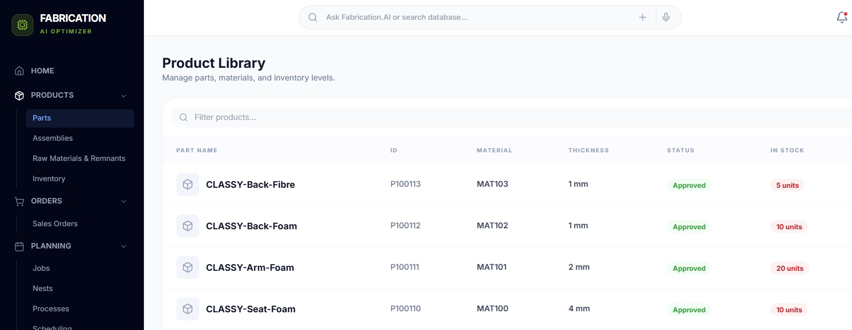 Fabricator-AI Product Library showing parts with material, thickness, status and stock levels