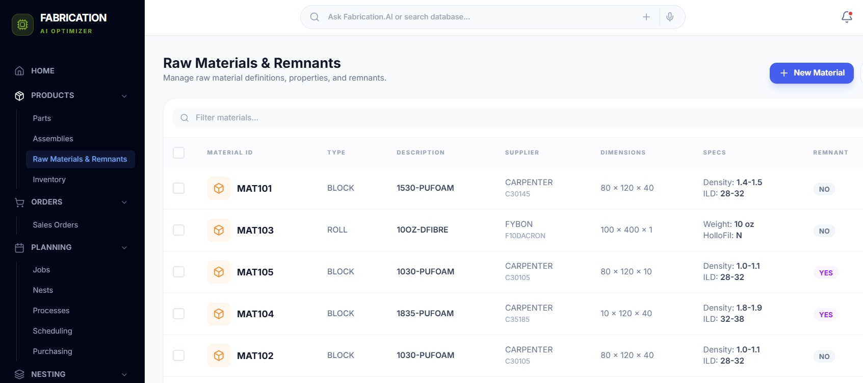 Fabricator-AI Raw Materials & Remnants view showing material types, dimensions, suppliers and remnant tracking